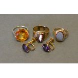A Pair of 14 Carat Gold Amethyst Set Ear Studs, together with three dress rings
