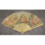 An 18th Century Ivory and Vellum Leafed Fan with ivory sticks and ivory and mother of pearl
