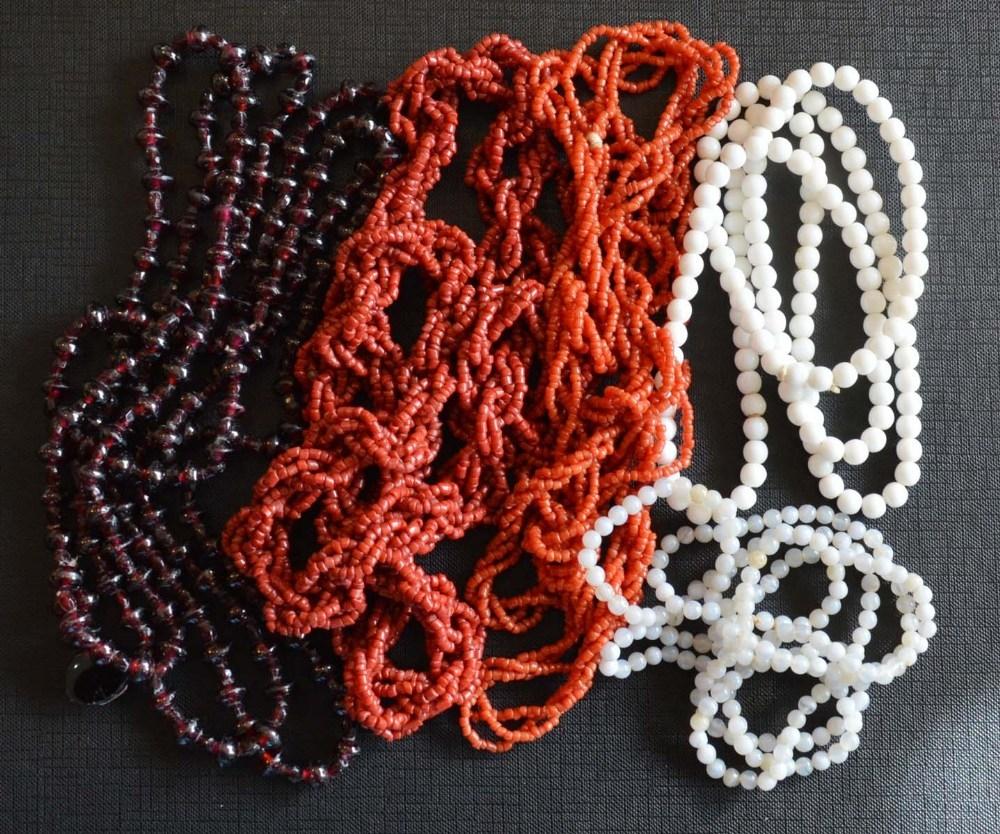 A Coral Woven Bead Necklace, together with various other bead necklaces including amethyst and pearl