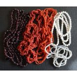 A Coral Woven Bead Necklace, together with various other bead necklaces including amethyst and pearl