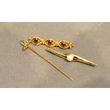 A 15 Carat Gold Triple Bar Brooch, garnet set, together with a similar pearl set bar brooch and a