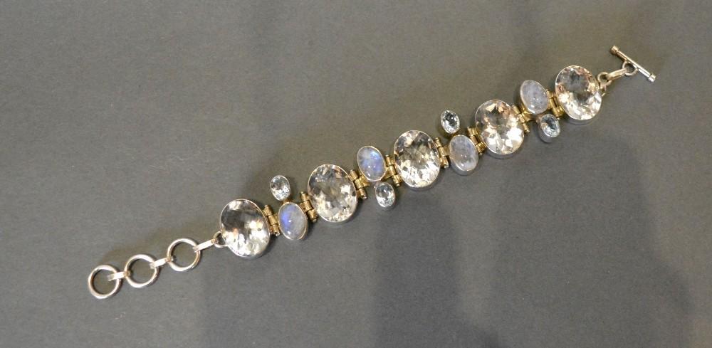 A 925 Silver Moonstone, Aquamarine and Crystal Set Bracelet