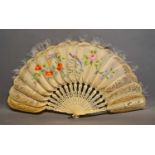 A Jenny Lind Fan, the silk feather style leaves hand painted with a peacock amongst foliage, the