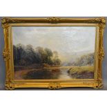 19th Century English School, River Scene with Barge and Figures on a Track within a Rural Setting,
