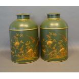 A Pair of Toleware Canisters, each decorated with exotic birds amongst foliage upon green grounds,