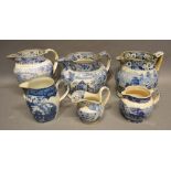 A Group of Six 19th Century Transfer Printed Jugs, various scenes and sizes