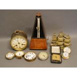 A Japy Freres Brass Cased Drum Clock, together with various travelling clocks and metronomes