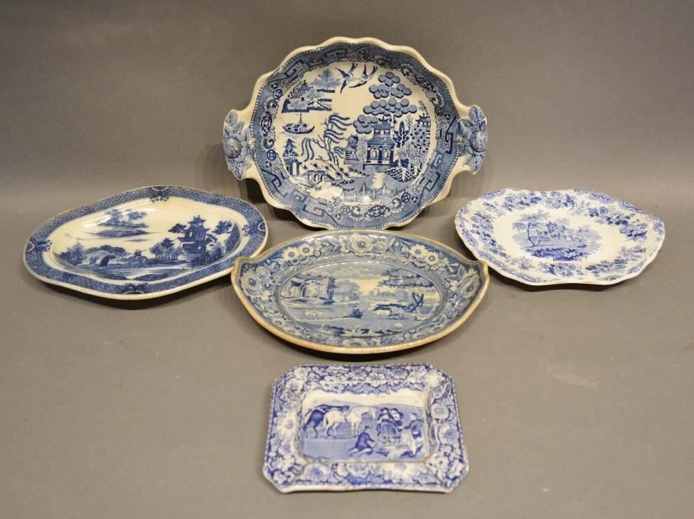 An Early 19th Century English Transfer Printed Dish of oval form decorated Italian pattern, together