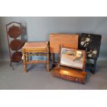 An Oak Carolean Style Stool, together with a folding three tier cake stand, a box toilet mirror, a