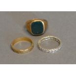A 9 Carat Gold Gentleman's Signet Ring, stone set, together with two band rings, one set with