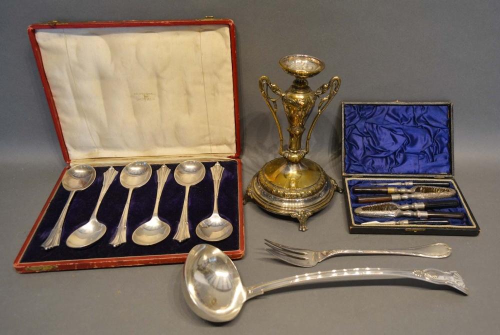 A Cased Set of Six Silver Plated Soup Spoons by Walker & hall, together with a cased set of