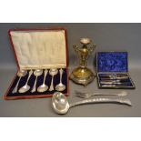 A Cased Set of Six Silver Plated Soup Spoons by Walker & hall, together with a cased set of