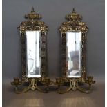 A Pair of Edwardian Brass Girandoles of rectangular form with urn cresting, 54cm tall