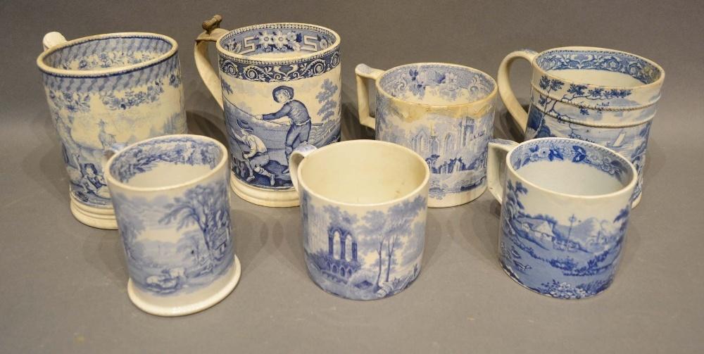 A Group of Seven 19th Century Transfer Printed Large Mugs, various scenes