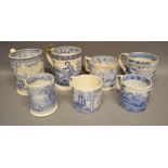 A Group of Seven 19th Century Transfer Printed Large Mugs, various scenes