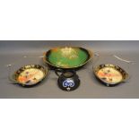 A Carlton Ware Vert Royal Dish, together with a pair of camel china bowls on silver plated stands