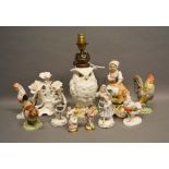 A William Whiteley French Pottery Oil Lamp in the form of an owl, converted, together with a small
