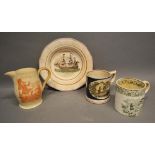 A 19th Century Lustreware Frog Mug, together with a Sunderland Lustre bowl, a motto jug and a 19th