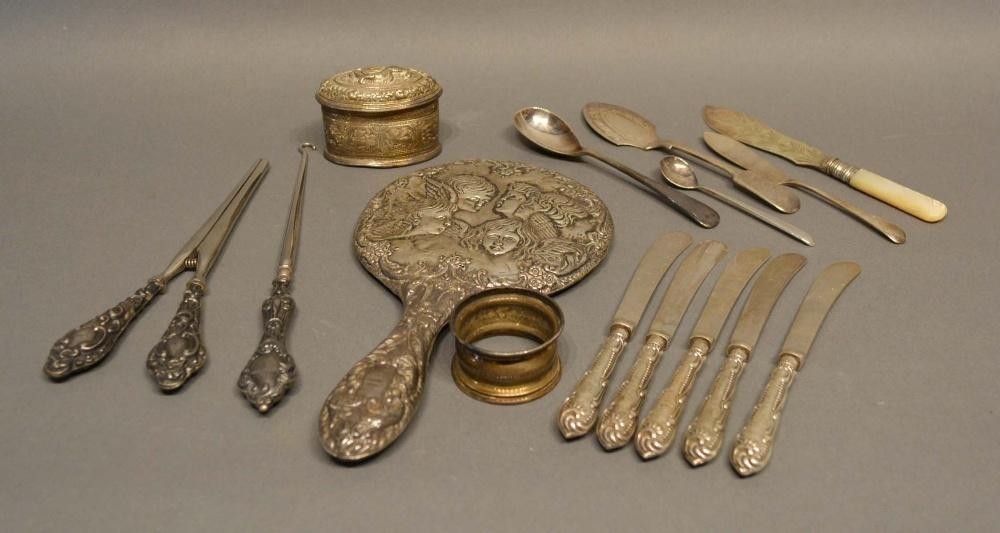 A Birmingham Silver Hand Mirror decorated Whispers, together with a small collection of other items