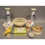 A Pair of Minton Porcelain Candlesticks, together with two creamware style baskets, a Limoges box, a