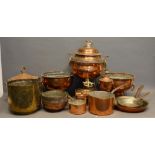 A Copper and Brass Samovar with dolphin finial, together with a collection of other copper and