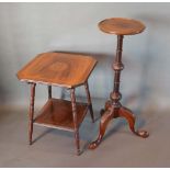 An Edwardian Rosewood Marquetry Inlaid Two Tier Occasional Table, together with a mahogany torchere