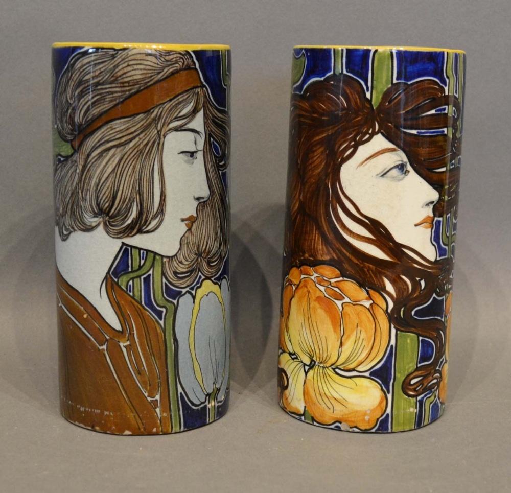 Salvini Italia, a pair of Art Nouveau cylindrical vases with stylised decoration, 17.5cm tall