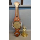 A 19th Century Rosewood Mother of Pearl Inlaid Wheel Barometer Thermometer, together with a brass