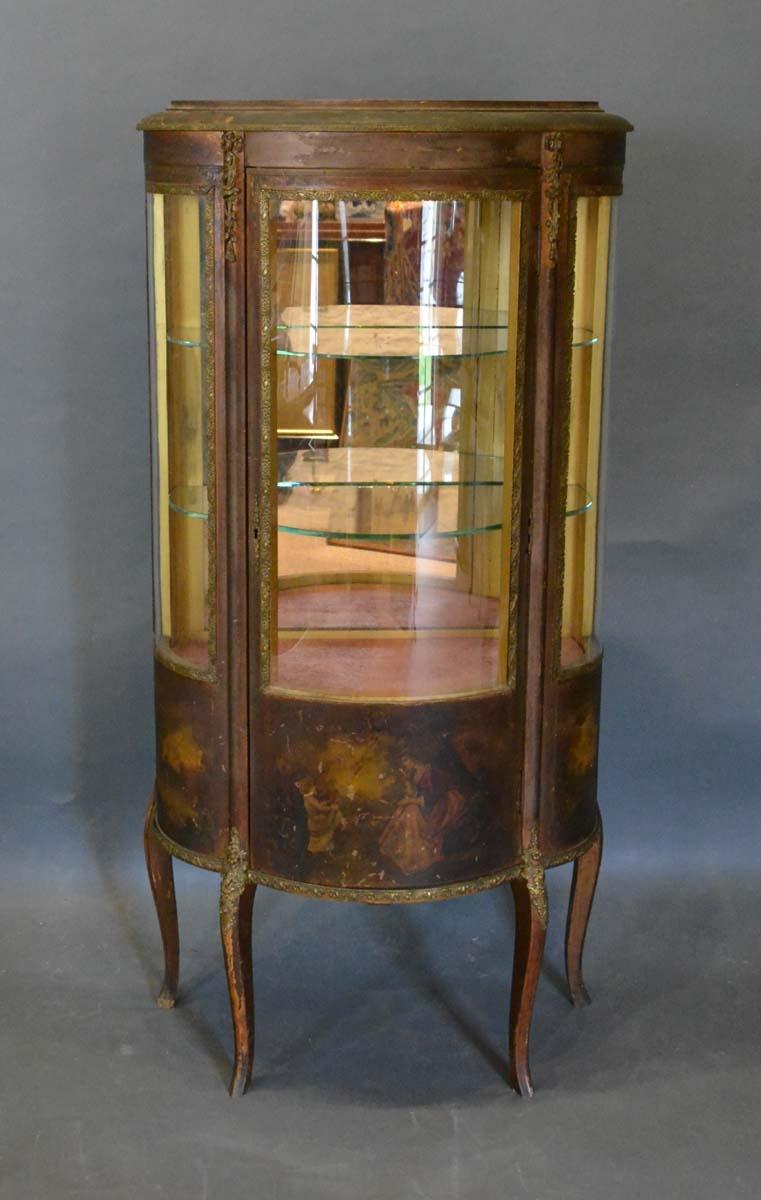 A French Vernis Martin Style Vitrine, the door painted with figures enclosing glass shelves,