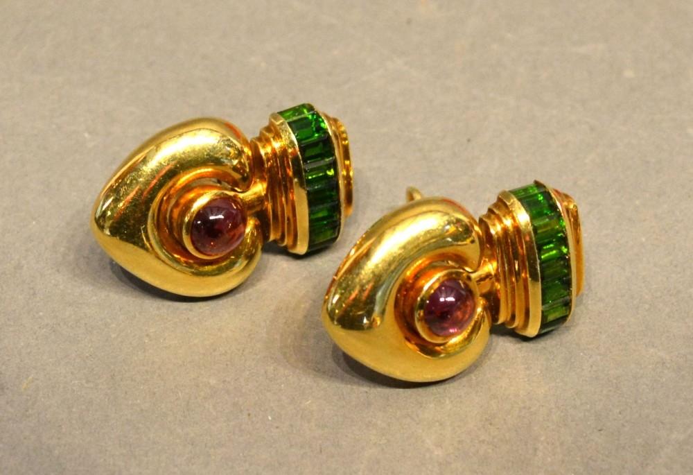 A Pair of Heavy 18 Carat Gold Ear Clips, each of heart drop form set with a band of baguette