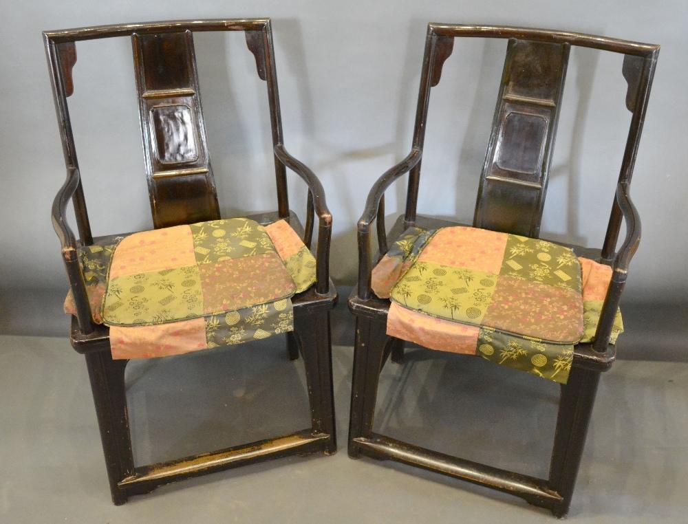 A Pair of 19th Century Chinese Hardwood Armchairs, each with a carved back above a panel seat, - Image 2 of 2