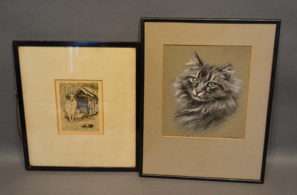 Christine McGregor, Portrait of a Cat, pastel, together with an etching of a dog beside a kennel, 25