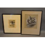 Christine McGregor, Portrait of a Cat, pastel, together with an etching of a dog beside a kennel, 25