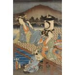 A Japanese Woodcut depicting figures on a jetty and bearing script, 36 x 24cm