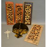 A Japanese Lacquered Wall Bracket, together with a mother of pearl crucifix and four carved