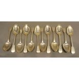 A Collection of Twelve Silver Tablespoons with Fiddle pattern handles, George III and later, various