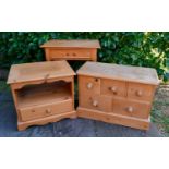 A Small Pine Side Table, together with a pine chest of five drawers and a small pine side cabinet