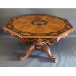 A Burr Walnut Marquetry Inlaid and Ebonised Octagonal Centre Table, the top with central foliate