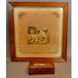 A 19th Century Woolwork Tapestry depicting dog, dated 1866, together with a burr walnut