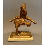 Alfred Barye, 1839-1882, Children Playing Leapfrog, gilded bronze upon marble stand, 13cm tall