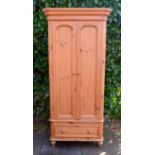 A 20th Century Pine Wardrobe, the moulded cornice above two arched moulded doors above a drawer