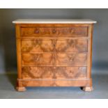 A 19th Century French Burr Walnut Commode, the variegated marble top above four drawers with