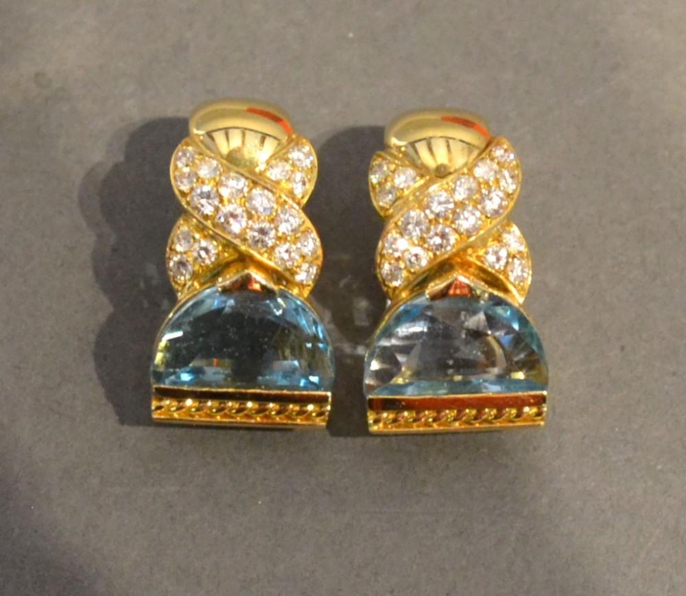 A Pair of 18 Carat Gold Aquamarine and Diamond Set Ear Clips