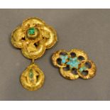 A Yellow Metal Brooch, set turquoise, together with a similar brooch, set green stones