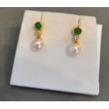 A Pair of 18 Carat Gold Diamond, Emerald and Pearl Set Drop Ear Studs