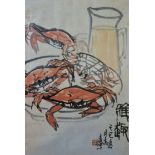 Cong Zhi Yuan, 1955-onwards, Crabs on a Plate with Water Jug, watercolour, signed, 68 x 45cm