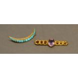 A 9 Carat Gold Amethyst Set Bar Brooch, together with a yellow metal crescent brooch, set