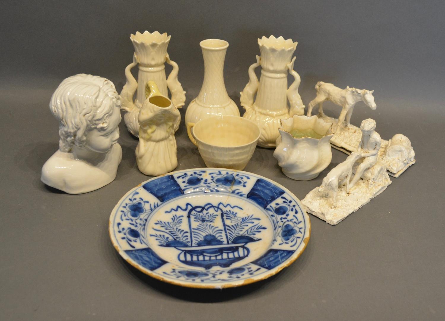 A Pair of Belleek Porcelain Two Handled Vases, together with four other items of Belleek, an early