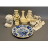 A Pair of Belleek Porcelain Two Handled Vases, together with four other items of Belleek, an early