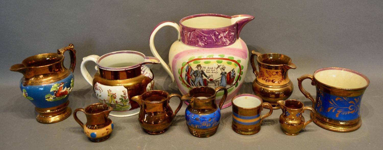 A Sunderland Lustre Jug, hand painted decoration, Mason's Arms, together with a small collection